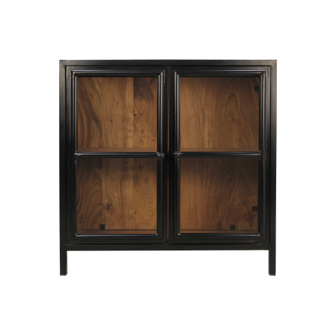 HSM Collection-Vitrinekast Kingston Laag 2 Deur-90x40x90-Naturel/Zwart-Mango/Metaal